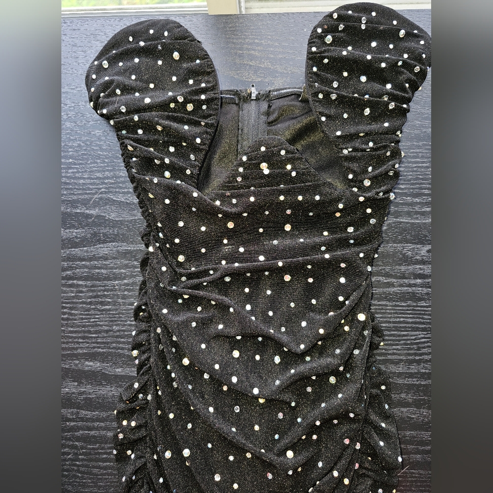 Windsor Ruched Black Mini Dress w/ Iridescent Rhinestones Deep Plunge Sz XS